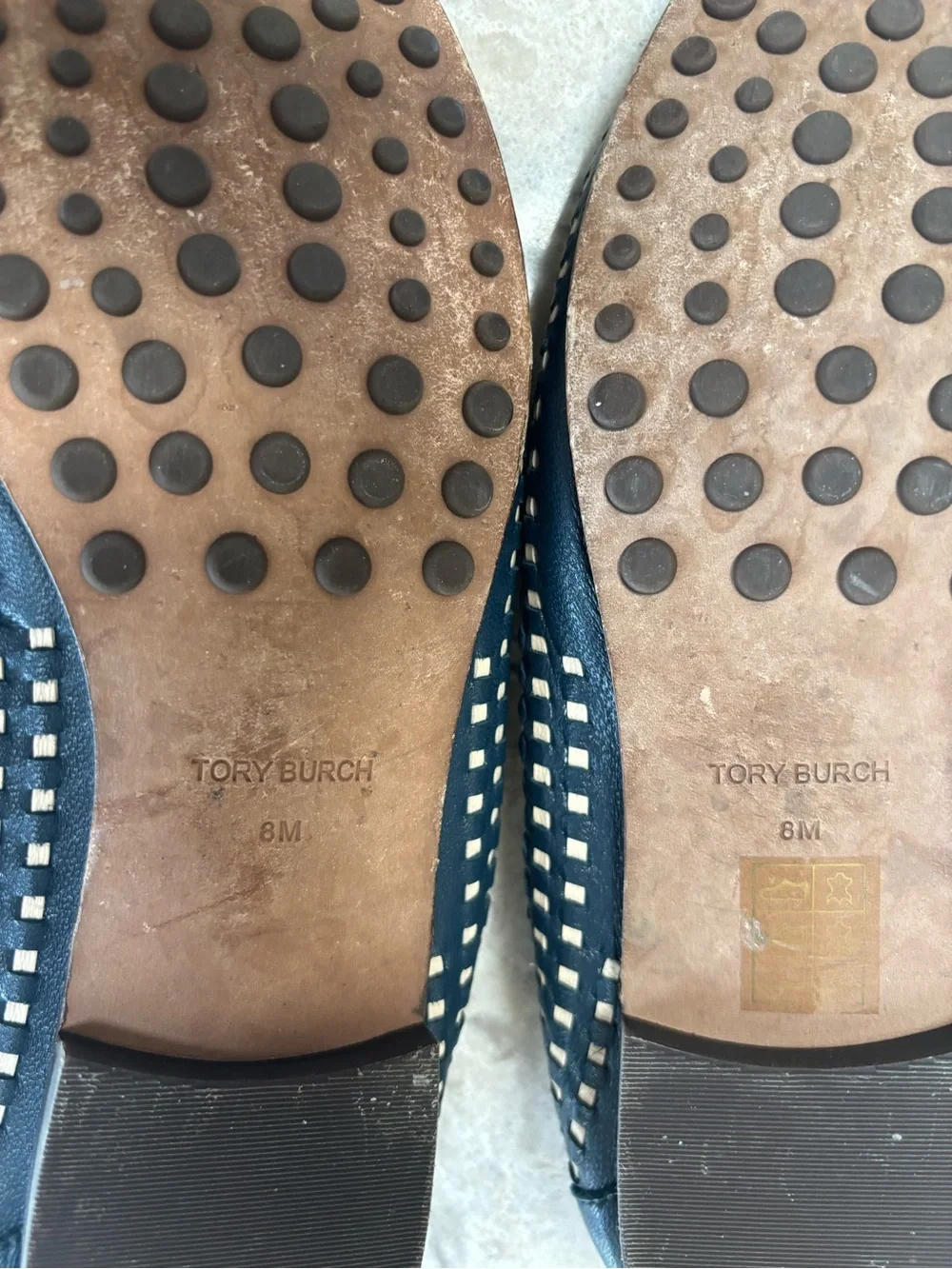 Tory Burch Navy Blue and Cream Woven Leather Loafers with Brown Strap